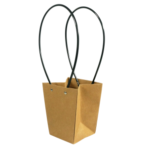 Kraftowa torebka kwiatowa 35 cm z papieru. Posiada dwa czarne uchwyty oraz specjalną powłokę wewnętrzną, idealna do eleganckiej prezentacji bukietów roślin.