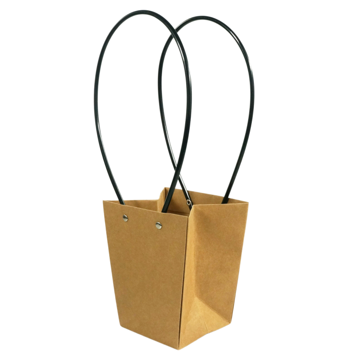 Kraftowa torebka kwiatowa 35 cm z papieru. Posiada dwa czarne uchwyty oraz specjalną powłokę wewnętrzną, idealna do eleganckiej prezentacji bukietów roślin.
