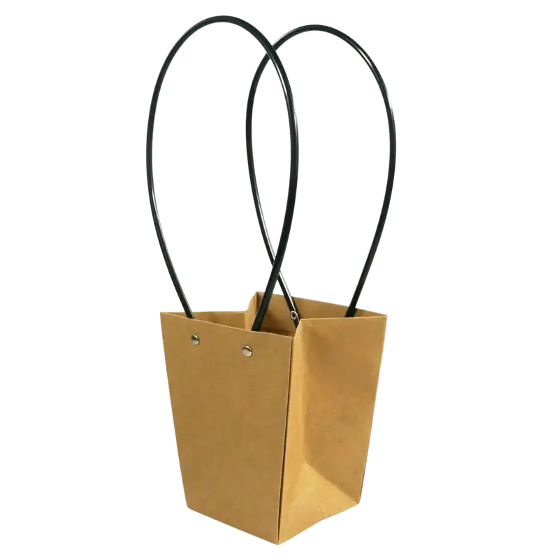 Kraftowa torebka kwiatowa 35 cm z papieru. Posiada dwa czarne uchwyty oraz specjalną powłokę wewnętrzną, idealna do eleganckiej prezentacji bukietów roślin.