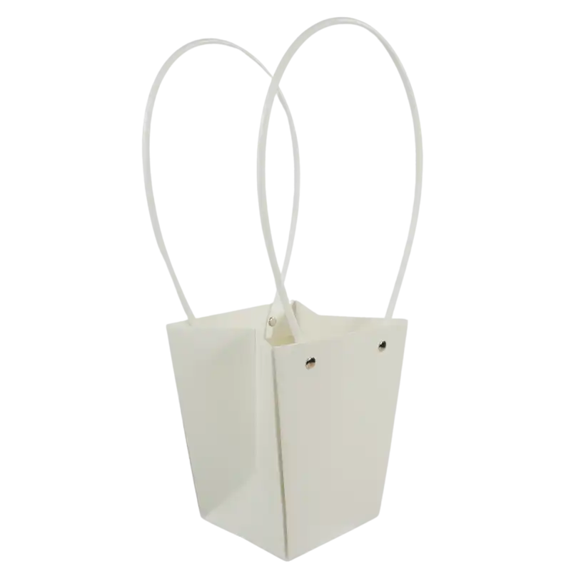 Biała torebka kwiatowa 35 cm z dwoma uchwytami, widoczna w ujęciu z góry, idealna do eleganckiej oprawy roślin i bukietów komunijnych.