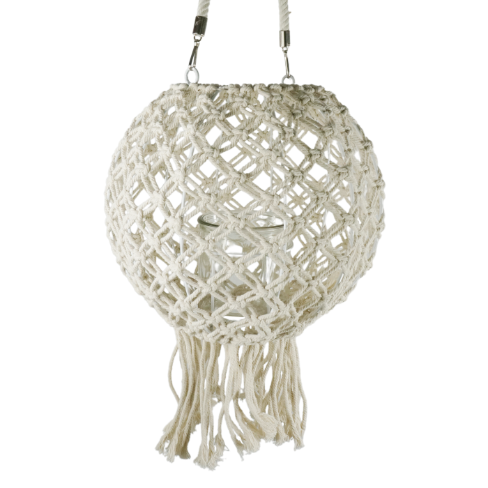 Wiszący lampion boho makrama 60 cm + wkład szklany świecznik z frędzlami