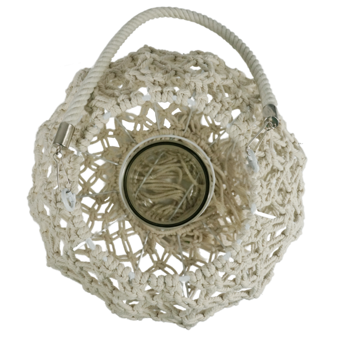 Wiszący lampion boho makrama 60 cm + wkład szklany świecznik z frędzlami