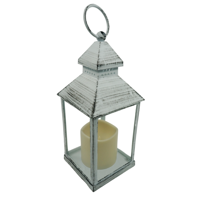 Widok z góry na lampion LED z uchwytem. Widoczna imitacja świecy wewnątrz oraz estetyczne wykończenie w odcieniach czerni i bieli.