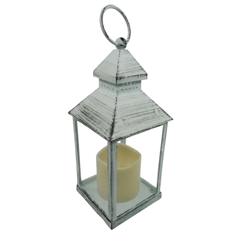 Widok z góry na lampion LED z uchwytem. Widoczna imitacja świecy wewnątrz oraz estetyczne wykończenie w odcieniach czerni i bieli.