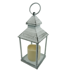 Lampion LED do dekoracji wnętrz, utrzymany w kolorystyce przecieranej czerni i bieli. Kompozycja z widocznym uchwytem do zawieszenia.
