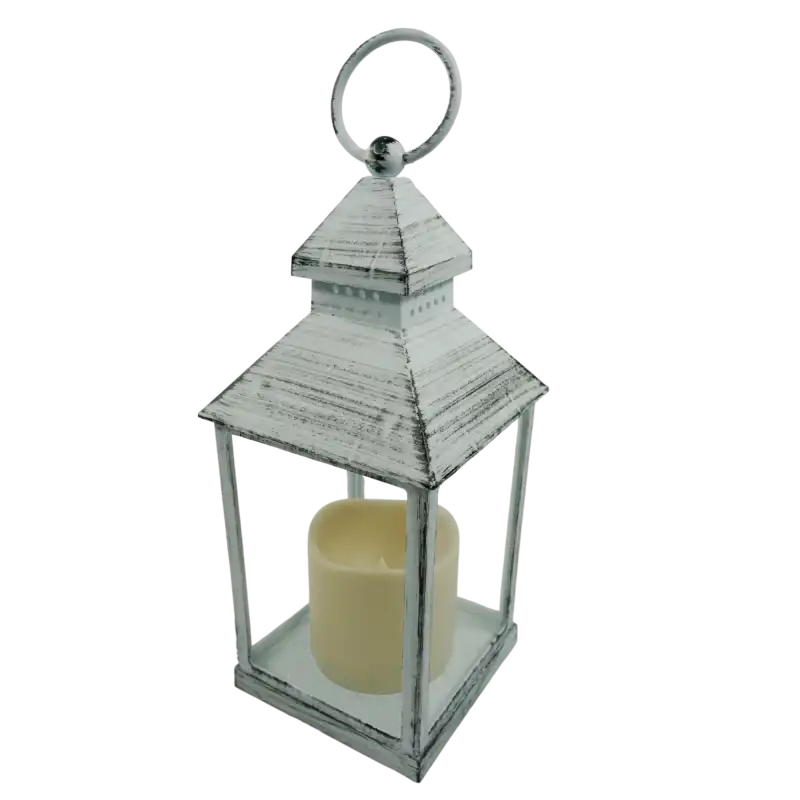 Lampion LED do dekoracji wnętrz, utrzymany w kolorystyce przecieranej czerni i bieli. Kompozycja z widocznym uchwytem do zawieszenia.