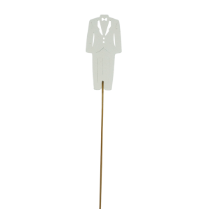Pojedynczy drewniany topper Pan Młody w kolorze białym postarzanym o całkowitej długości 28 cm na piku. Idealne artykuły dekoracyjne na tort.