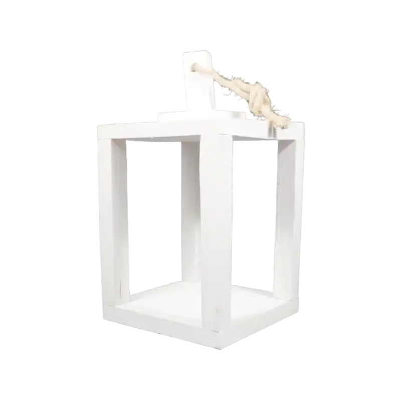 Biały drewniany lampion dekoracyjny 20 cm o minimalistycznej formie z praktycznym sznurkiem do zawieszenia.