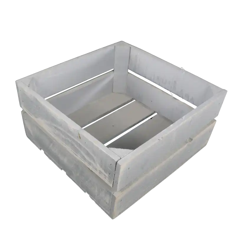Szara drewniana skrzynka 33 cm prezentowana w rzucie z góry, ukazująca kwadratowy kształt i pojemne wnętrze produktu.