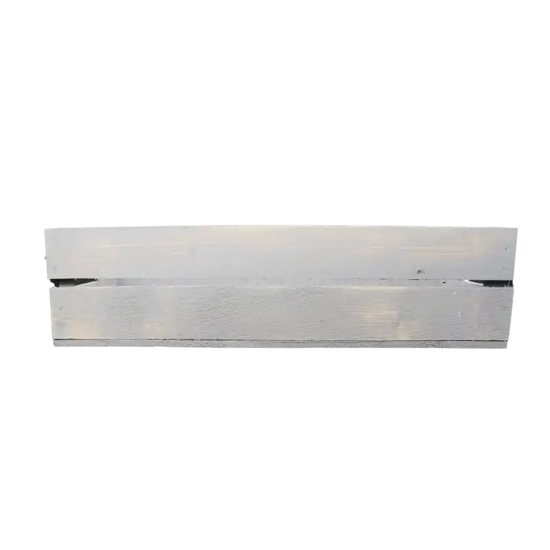 Szara drewniana skrzynka 62x20x16 cm o prostokątnym kształcie i postarzanym wykończeniu. Idealna jako skrzynki balkonowe i kwiatowe.