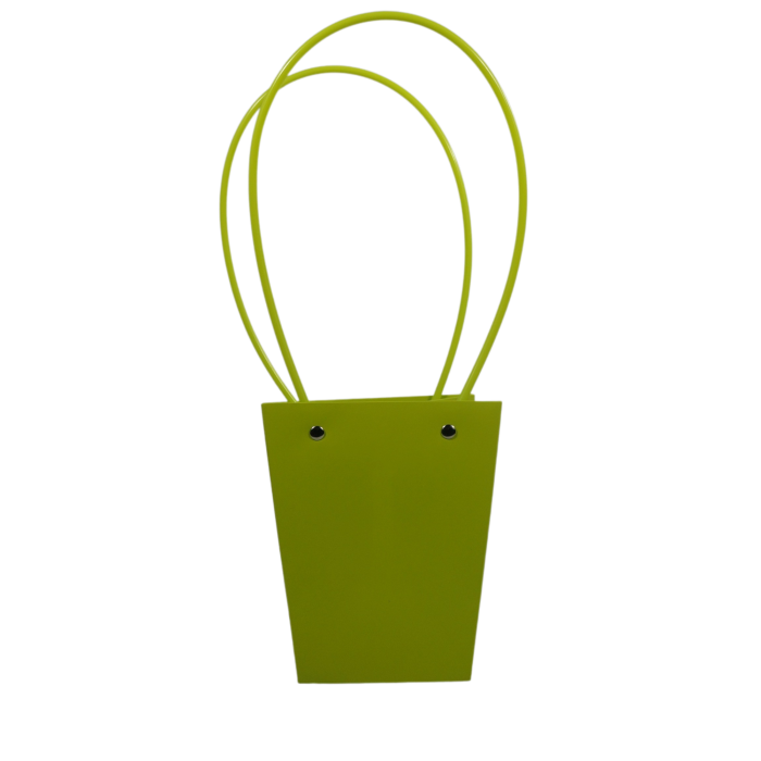 Limonkowa torebka na kwiaty 36 cm. Elegancka osłonka z rączkami, idealna do prezentacji bukietów i roślin doniczkowych. Wysokość 36 cm, podstawa 10x10 cm.