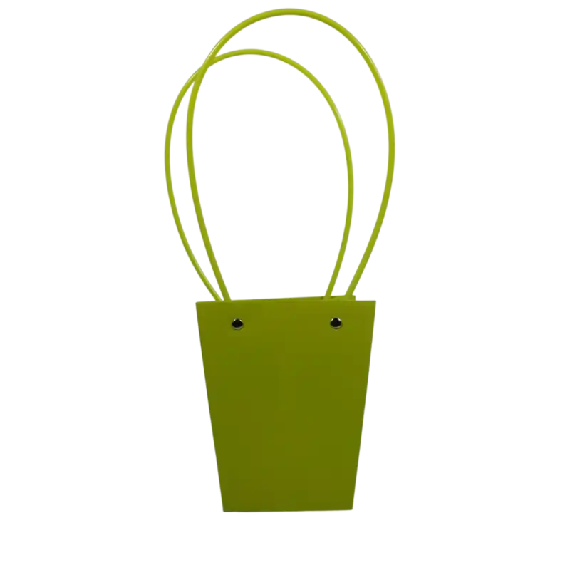 Limonkowa torebka na kwiaty 36 cm. Elegancka osłonka z rączkami, idealna do prezentacji bukietów i roślin doniczkowych. Wysokość 36 cm, podstawa 10x10 cm.