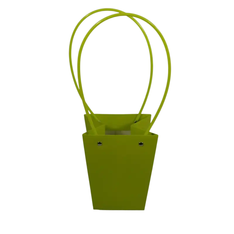 Limonkowa torebka na kwiaty 36 cm w ujęciu od góry, ukazująca kwadratowe wnętrze o wymiarach 10x10 cm, przeznaczone na rośliny lub gąbkę florystyczną.