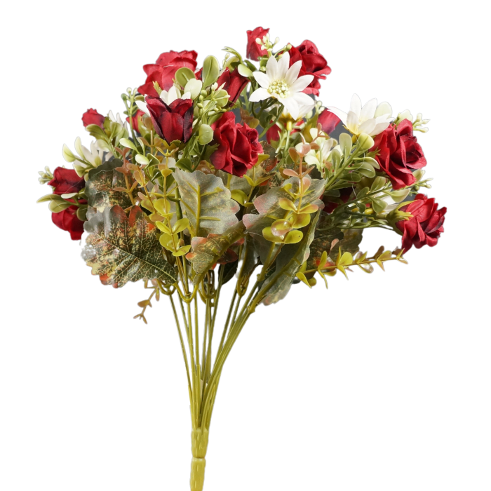 Czerwony bukiet róż o długości 37 cm. Sztuczne kwiaty z białymi akcentami, idealne do kompozycji i wazonów. Średnica ok. 20 cm.