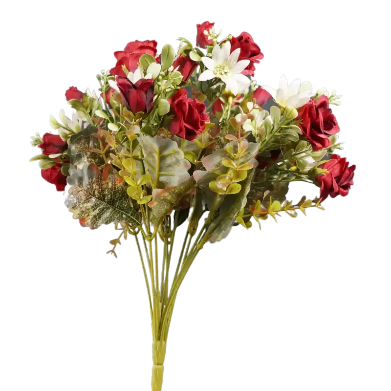 Czerwony bukiet róż o długości 37 cm. Sztuczne kwiaty z białymi akcentami, idealne do kompozycji i wazonów. Średnica ok. 20 cm.