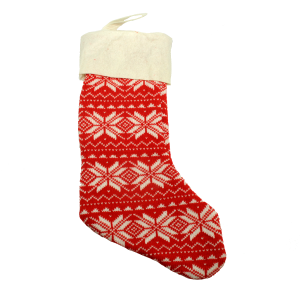 Świąteczna skarpeta Mikołaja o wysokości 41 cm w kolorze czerwonym z białym wzorem śnieżynek. Wykonana z filcu i dzianiny, posiada praktyczną zawieszkę.