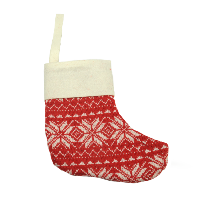 Świąteczna skarpeta Mikołaja o wysokości 22 cm w czerwono-biały wzór, wykonana z połączenia filcu i dzianiny, z praktyczną zawieszką do łatwego montażu.