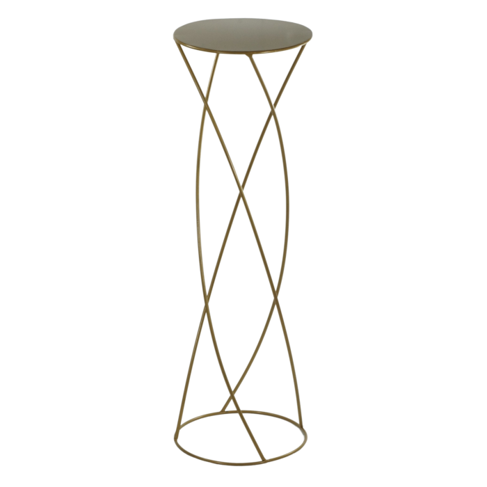 Złoty stojak metalowy 70 cm w stylu glamour z blatem o średnicy 22 cm. Eleganckie artykuły dekoracyjne do salonu.