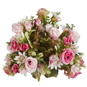Górny widok na różowy bukiet sztucznych kwiatów z różami o długości 37 cm i średnicy 20 cm. Idealny do kompozycji florystycznych.