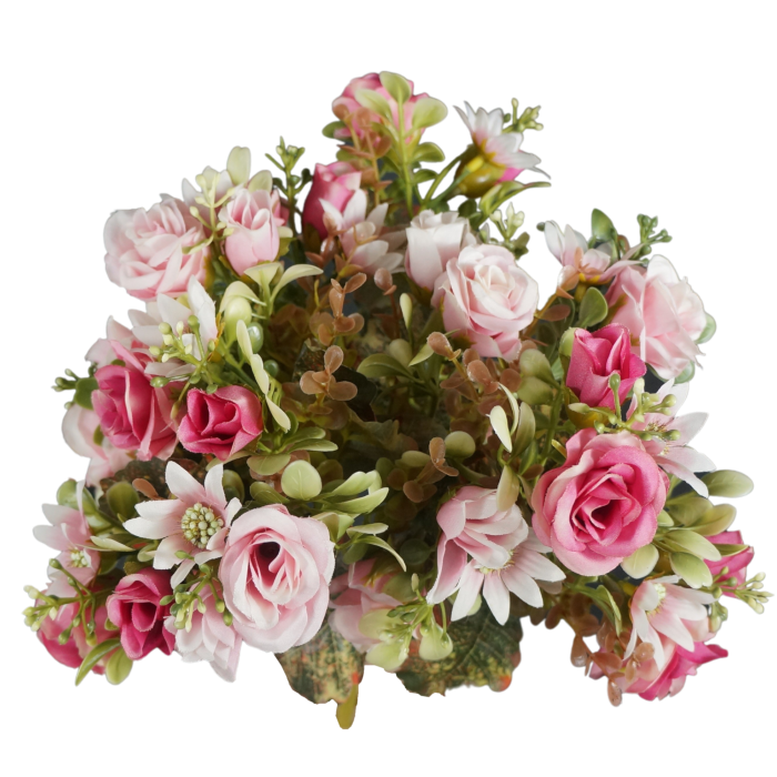 Górny widok na różowy bukiet sztucznych kwiatów z różami o długości 37 cm i średnicy 20 cm. Idealny do kompozycji florystycznych.