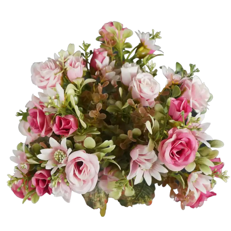 Górny widok na różowy bukiet sztucznych kwiatów z różami o długości 37 cm i średnicy 20 cm. Idealny do kompozycji florystycznych.