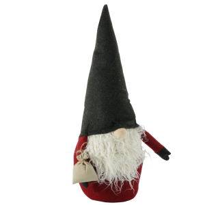 Profilowa prezentacja filcowego skrzata dekoracyjnego 55 cm. Widoczny kształt wysokiej czapki, biała broda oraz czerwony korpus figurki.