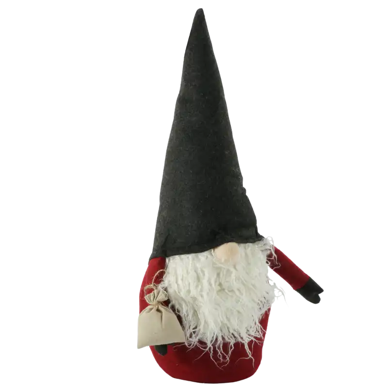 Profilowa prezentacja filcowego skrzata dekoracyjnego 55 cm. Widoczny kształt wysokiej czapki, biała broda oraz czerwony korpus figurki.