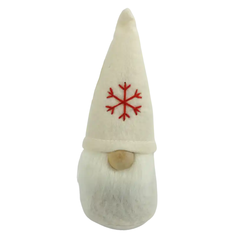 Świąteczny filcowy skrzat Adam o wysokości 16 cm. Figurka z białą brodą oraz czapeczką ozdobioną czerwonym płatkiem śniegu. Klasyczna bożonarodzeniowa dekoracja.
