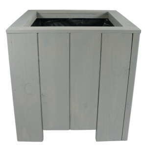 Szara donica o wymiarze 38 cm wykonana z naturalnego drewna. Prosta forma i neutralny odcień pozwalają na łatwe dopasowanie do roślin balkonowych.