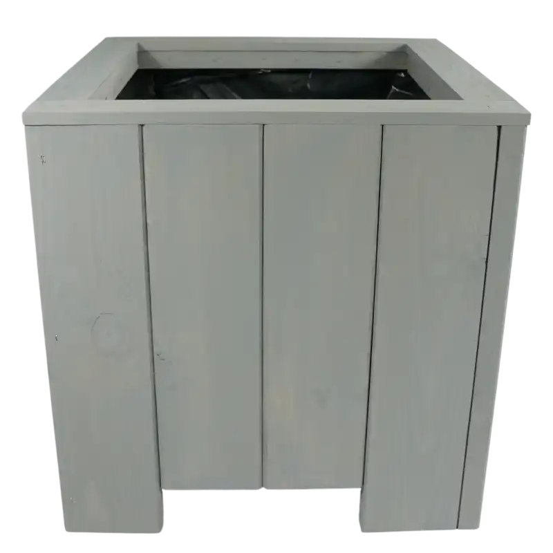 Szara donica o wymiarze 38 cm wykonana z naturalnego drewna. Prosta forma i neutralny odcień pozwalają na łatwe dopasowanie do roślin balkonowych.