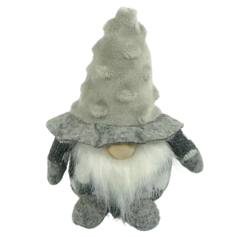 Świąteczny szary skrzat minky o wysokości 15 cm. Figurka z filcu i dzianiny z miękką czapką, prezentowana na białym tle.