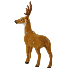 Widok na figurkę renifera z profilu, podkreślający jego smukłą sylwetkę i poroże. Dekoracja świąteczna o wysokości 24 cm w naturalnym brązowym odcieniu.