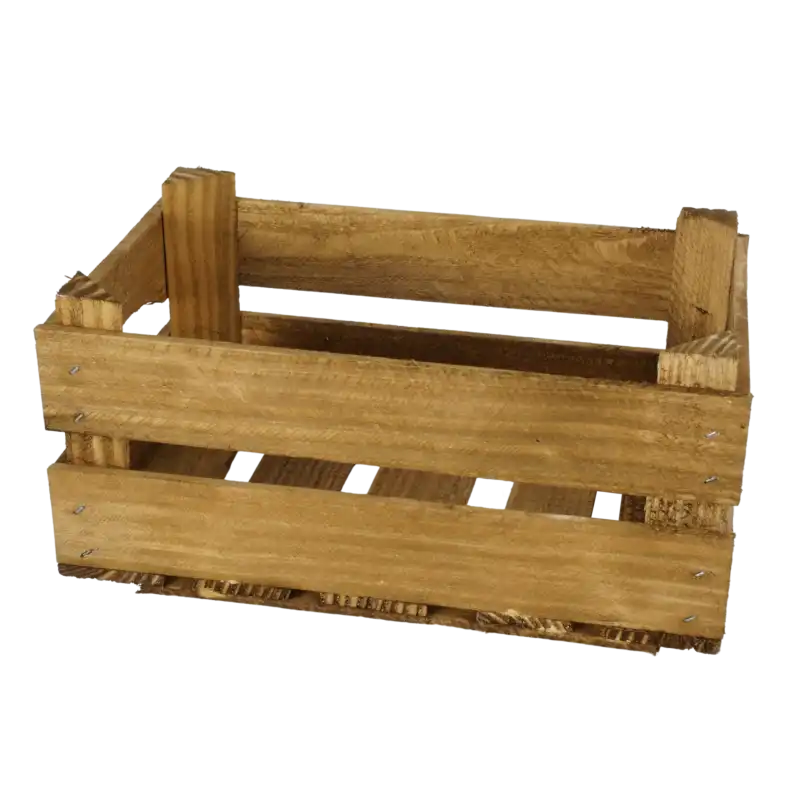 Brązowa drewniana skrzynka prezentowa na kwiaty. Klasyczny design skrzynek drewnianych do wykorzystania jako baza pod stroiki lub upominki.