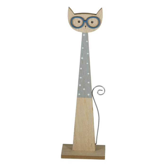 Duża drewniana figurka kot w okularach 35 cm prezent dla nauczyciela na zakończenie roku szkolnego