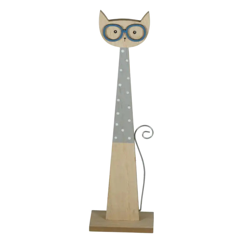 Drewniana figurka kota 35 cm w nowoczesnym stylu z okularami, kropkami na tułowiu i metalowym ogonem, ustawiona na stabilnej podstawie.