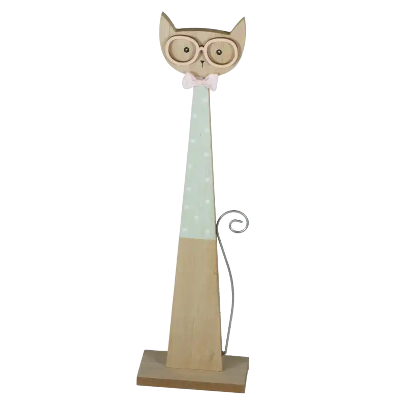 Drewniana figurka kota w okularach o wysokości 35 cm. Nowoczesna dekoracja z metalowym ogonem, kokardą i kropkowanym wzorem na tułowiu, umieszczona na stabilnej prostokątnej podstawie.