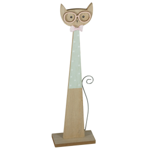 Wysoka na 35 cm ozdobna figurka kota wykonana z drewna. Postać posiada stylowe okulary, różową kokardę pod szyją oraz smukły metalowy ogon wygięty w spiralę, prezentowany na jasnym tle.