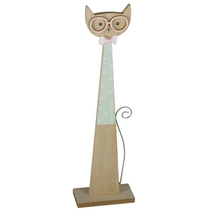 Duża drewniana figurka kot w okularach 35 cm prezent dla nauczyciela na zakończenie roku szkolnego