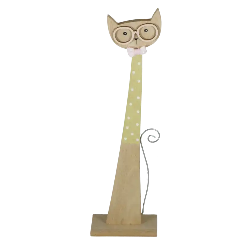 Drewniana figurka kota w okularach o wysokości 35 cm. Nowoczesna dekoracja z kropkowanym wzorem na tułowiu, kokardą i metalowym ogonem na prostokątnej podstawie.