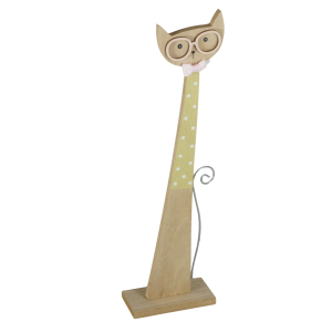 Figurka kota 35 cm w ujęciu z boku, ukazującym smukły profil, metalowy zakręcony ogon oraz sposób zamocowania na stabilnej drewnianej podstawie.