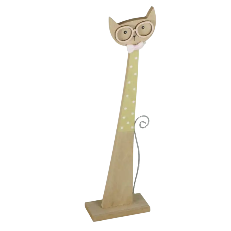 Figurka kota 35 cm w ujęciu z boku, ukazującym smukły profil, metalowy zakręcony ogon oraz sposób zamocowania na stabilnej drewnianej podstawie.