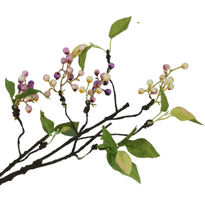 Zbliżenie na ozdobną gałązkę 68 cm z zielonymi listkami i fioletowymi koralikami na łodydze imitującej naturalne drewno.