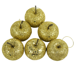 Zestaw 6 złotych jabłek zawieszek o średnicy 6 cm. Dekoracje ze styropianu pokryte brokatem, każda posiada ogonek oraz sznurek do zawieszenia.