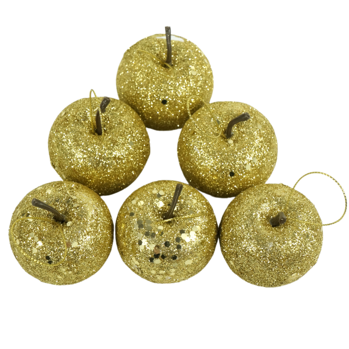 Zestaw 6 złotych jabłek zawieszek o średnicy 6 cm. Dekoracje ze styropianu pokryte brokatem, każda posiada ogonek oraz sznurek do zawieszenia.