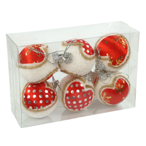 Zbliżenie na zestaw 6 sztuk bombek 5 cm w przezroczystym opakowaniu, prezentujące wzory kropek i złotych śnieżynek.
