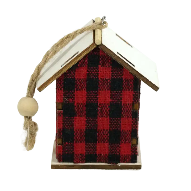 Zawieszka w kształcie domku 6 cm pokazująca tył dekoracji z jutowym sznurkiem wyposażonym w drewniany koralik do wygodnego zawieszania.