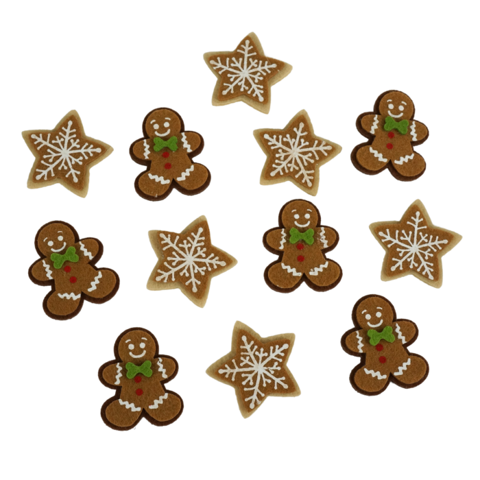 Komplet 12 sztuk filcowych naklejek świątecznych: 6 ludzików z piernika 5x4 cm i 6 gwiazdek 5x4,5 cm. Samoprzylepne ozdoby z filcu do kartek i prezentów.