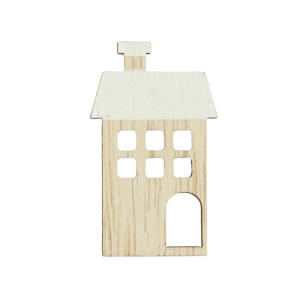 Zbliżenie na pojedynczą drewnianą naklejkę w kształcie domku z białym dachem. Detal dekoracji o wymiarach 4,5x2,5 cm.