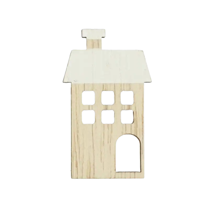 Zbliżenie na pojedynczą drewnianą naklejkę w kształcie domku z białym dachem. Detal dekoracji o wymiarach 4,5x2,5 cm.