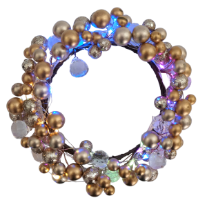 Dekoracyjny wieniec bożonarodzeniowy w odcieniach złota, ozdobiony 100 lampkami LED multicolor. Kompozycja idealna na stół lub drzwi, podkreślająca blask świątecznych ozdób.